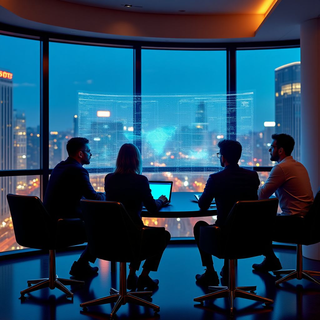 Equipo de consultores financieros en una reunión estratégica